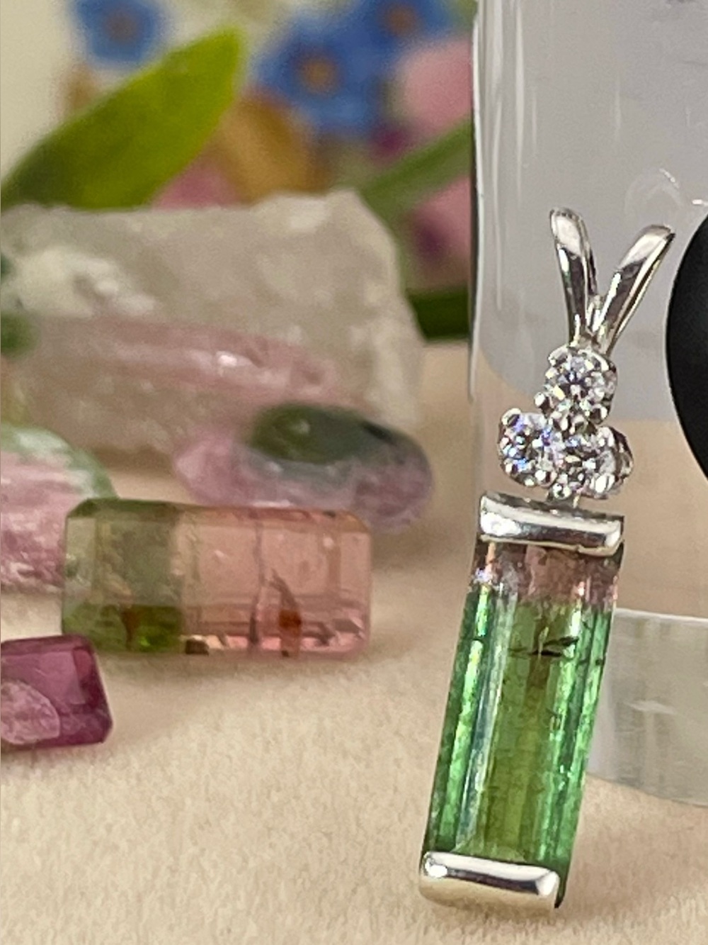 Diamond- Watermelon Tourmaline &!Diamond Pendant Necklace Sterling  18" chain
